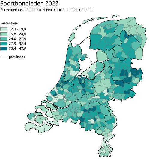 Kaart van Nederland van aantal sportbondleden per gemeente