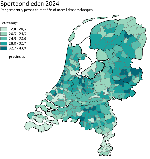 Kaart van Nederland van aantal sportbondleden per gemeente